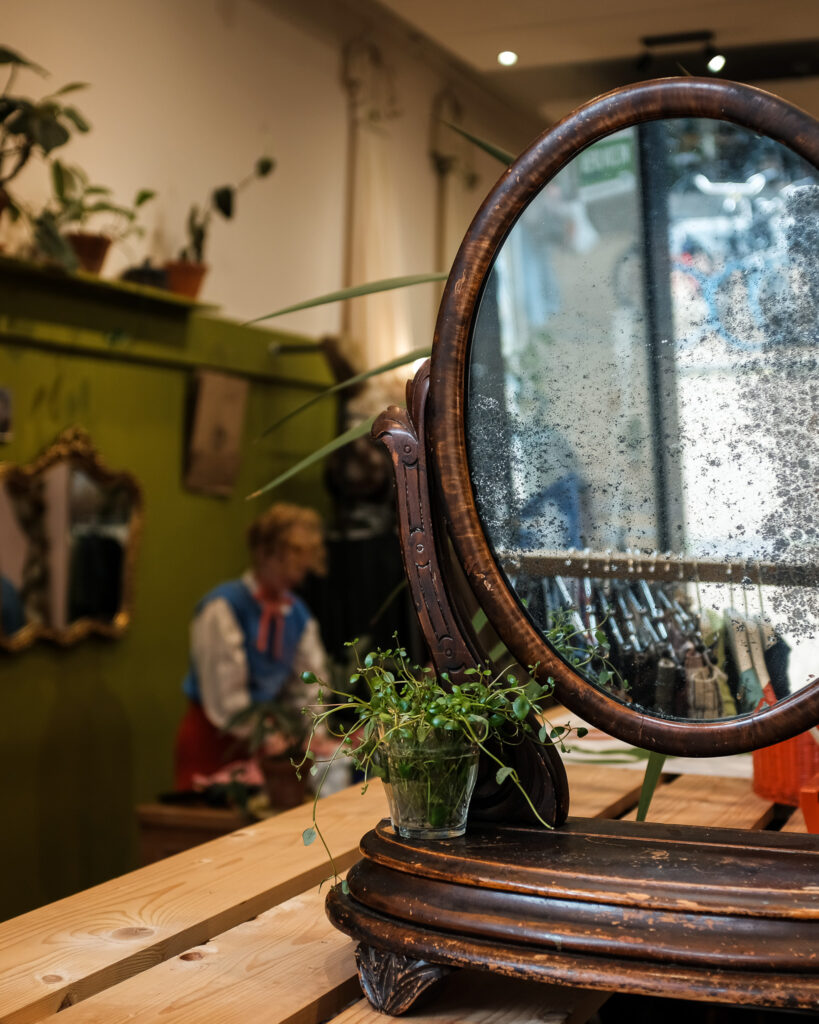 Een oude ovale spiegel en planten op de houten toonbank
